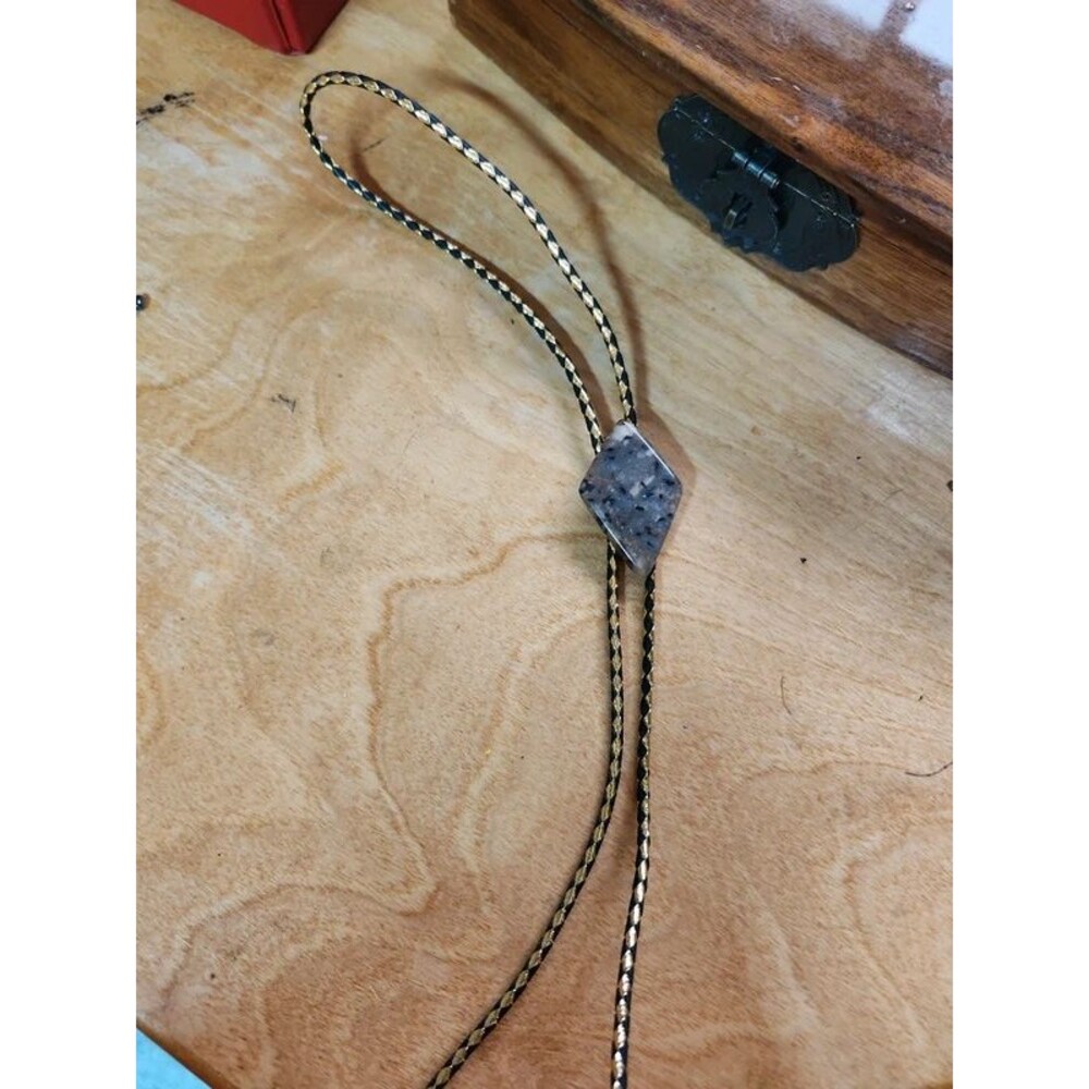 Fancy agate bolo tie on gold and black cord